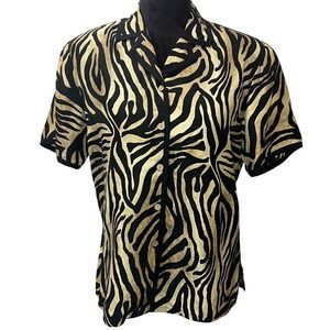 Vintage Women's Gold Black Zebra Print 100% Silk Short Sleeve Button Up Shirt Sm